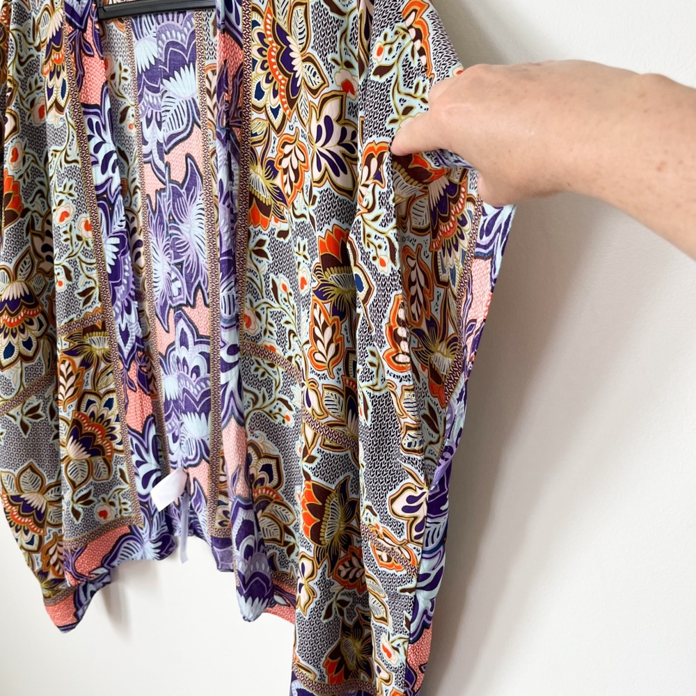 LOFT Boho Paisley Floral Open Front Kimono Top Womens XS Small Purple Orange - Picture 3 of 9